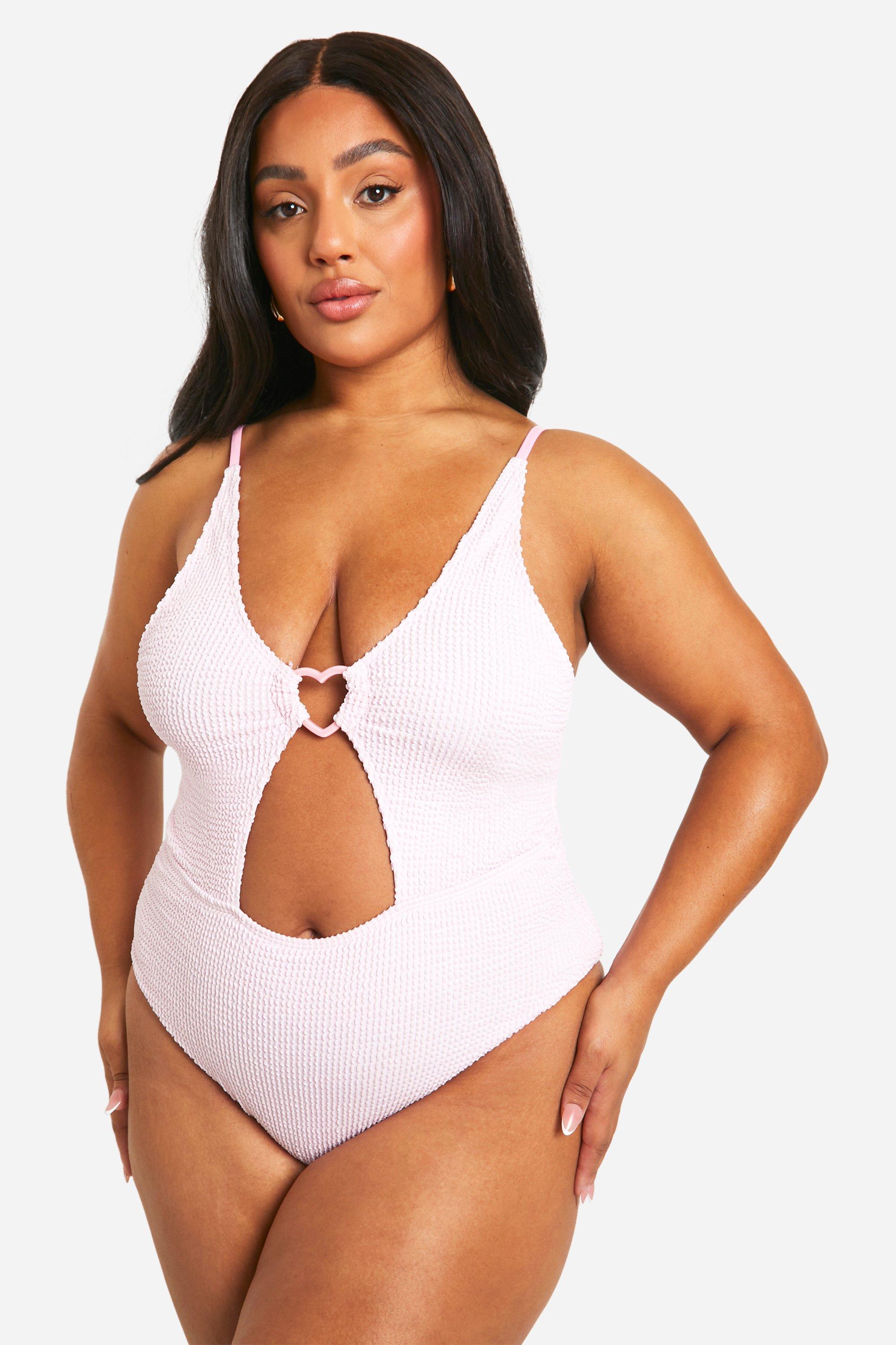 Plus Heart Trim Crinkle Cut Out Plunge Swimsuit